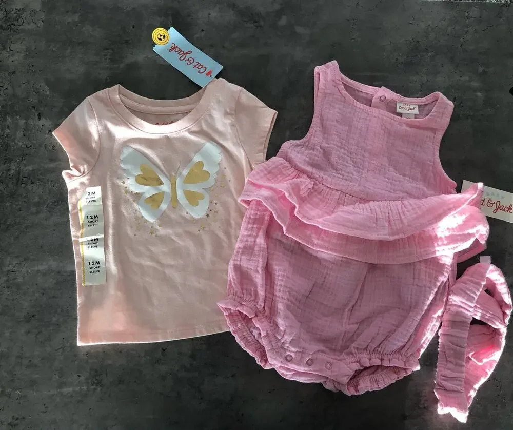 Cat & Jack Pink Ruffle Onesie and Pink and Gold Butterfly T-Shirt - 12M